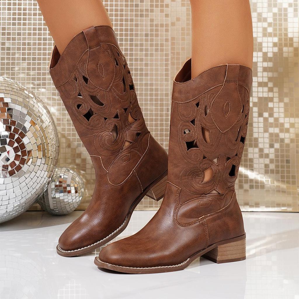 Brown Vintage Western Cowgirl Cutout Mid-Calf Retro Embroidered Chunky Heel Boots for Women.