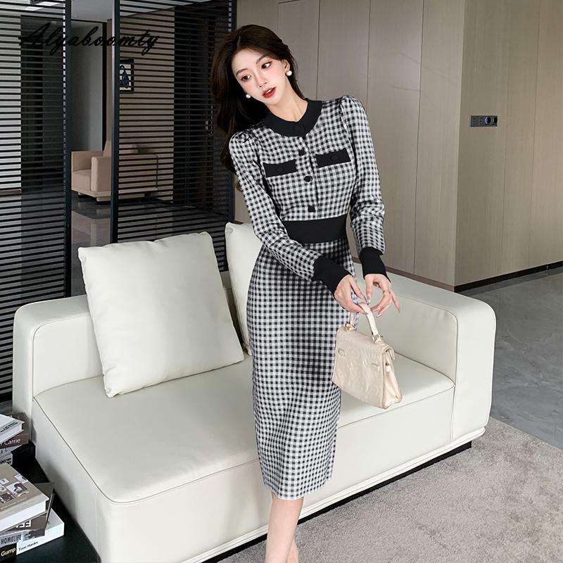 Элегантная мода осень-зима женское платье-свитер миди с круглым вырезом розовое черное клетчатое трикотажное платье офисная леди трикотажное платье А-силуэта