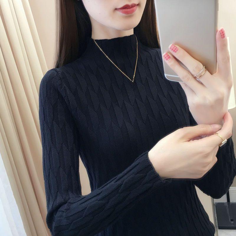 Women's Semi-high Collar Sweater Base Shirt Autumn and Winter Slim Stylish Inner-matching Knitted Shirt Versatile Pullover Long-sleeved Shirt