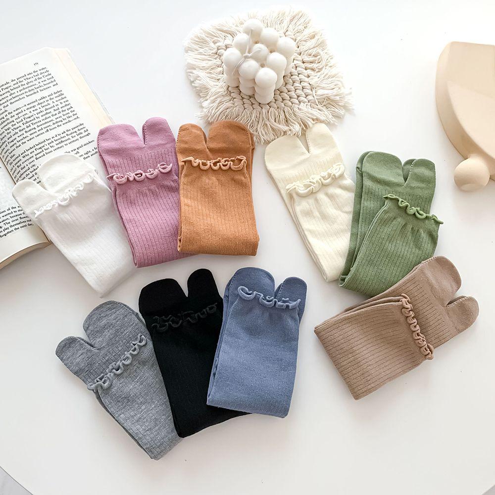 Candy Color Split Toe Cotton Ruffles Two Finger Socks Hosiery Two Toe Socks Middle Tube Socks