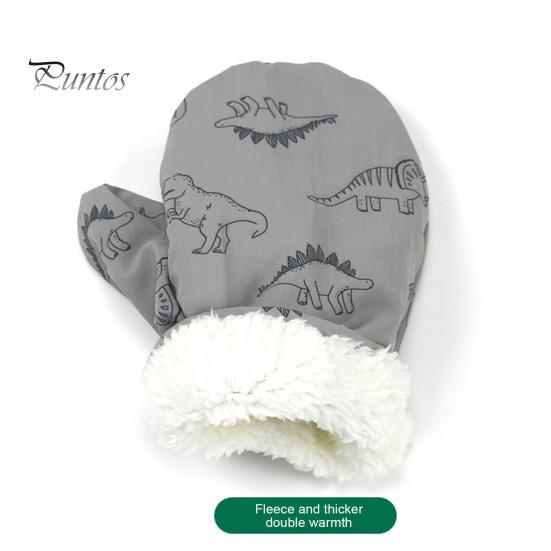 1 Pair Children Winter Mittens Thick Plush-lined Windproof Cartoon Dinosaur Cold Weather Outdoor Gloves Adjustable Fasten Strap Anti-Slip Ski Gloves