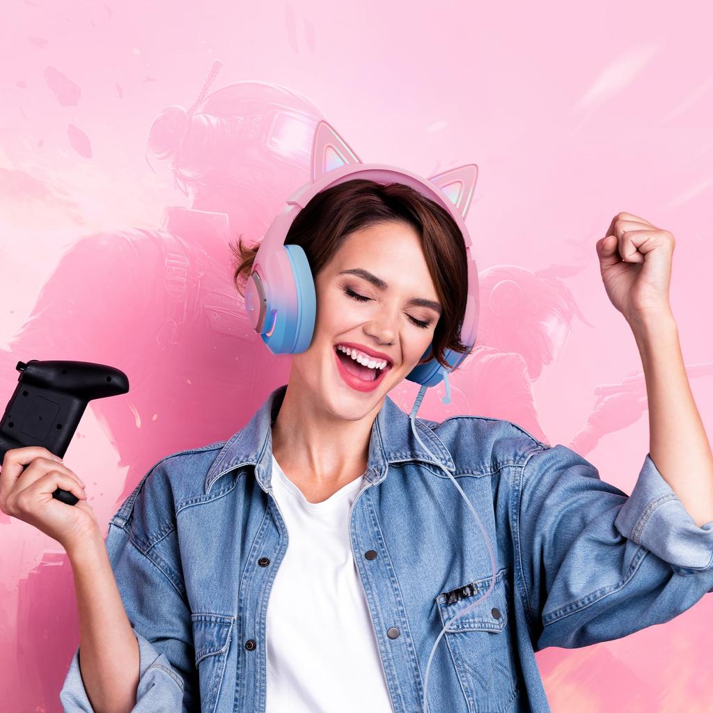 Mytrix Gaming Cat с RGB-стереошумоподавлением, игровая повязка на голову, совместимая с гарнитурой, ушами, розовая, проводная, микрофон 3,5 мм, свет, звук,