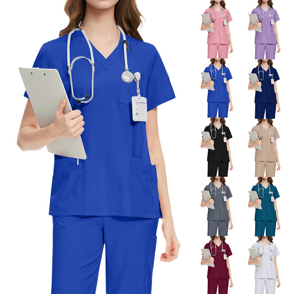 Ladies' Comfortable And Casual Solid Color Short Sleeved Pants Protective Suit Set