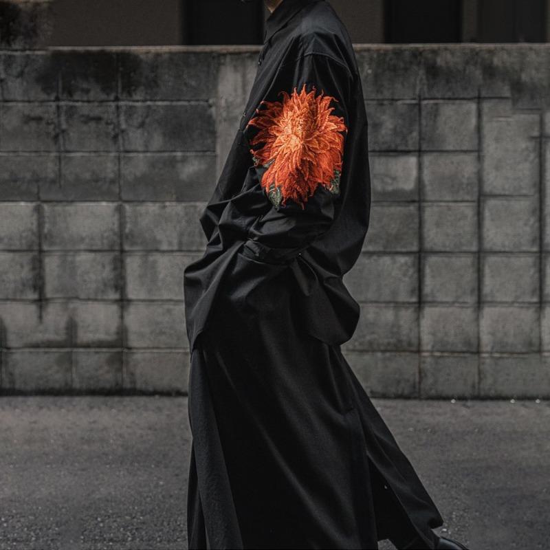 2024 Ямамото Стиль Красная Цветочная Рубашка Мужская Японская Удлиненная Темная Вышитая Цветочная Топ Унисекс Свободные Рубашки