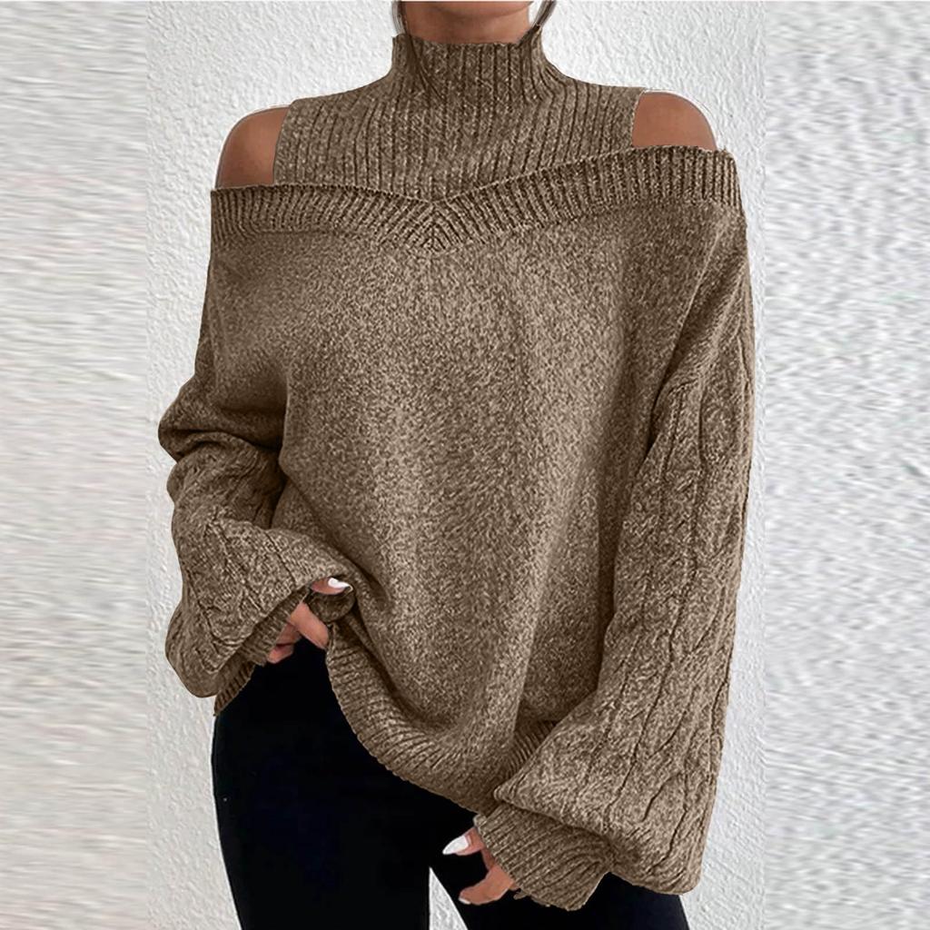 Women's Fashion Off-shoulder Sweater Pullover Loose Half-high Collar Long Sleeve Knit Cardigan