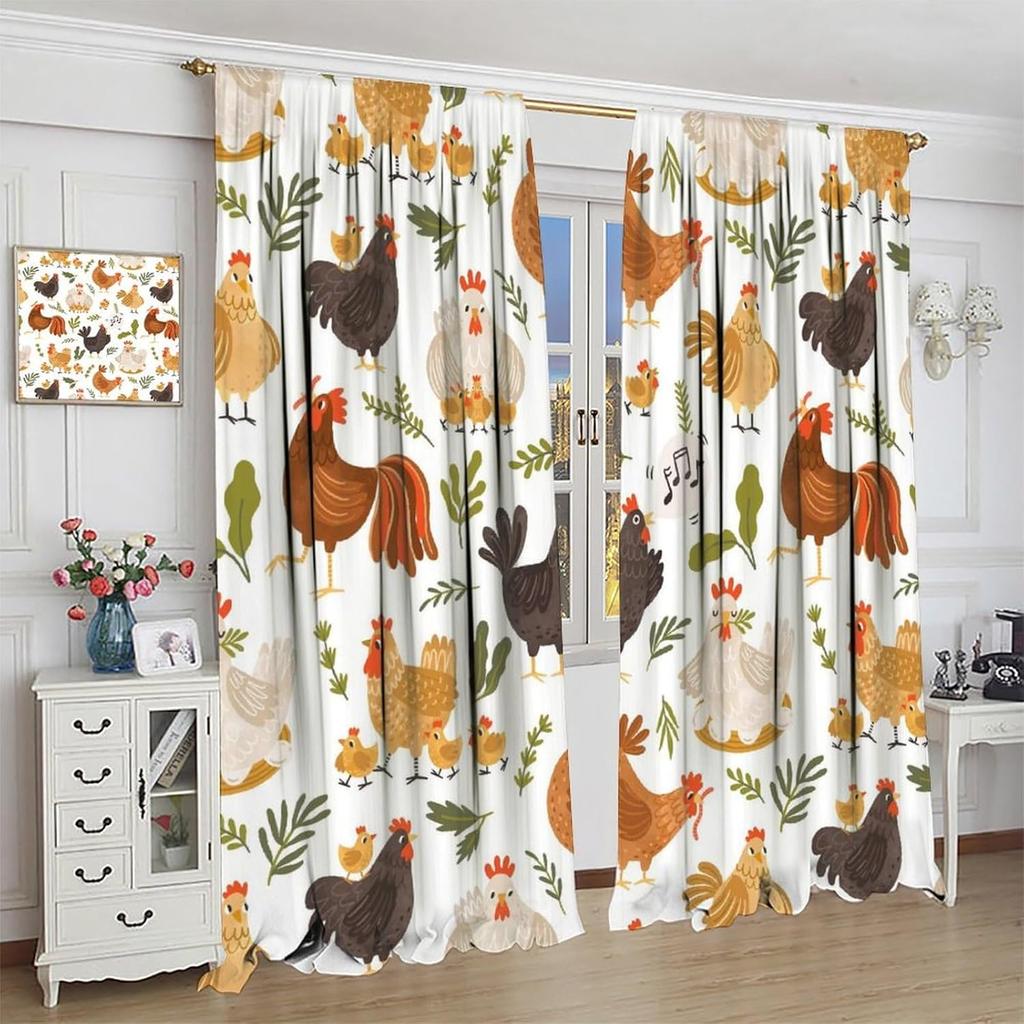 Rooster Chicken Curta,Farmhouse Floral Botanical Leaves Pattern Window Treatments For Kitchen Living Room Bedroom Drapes