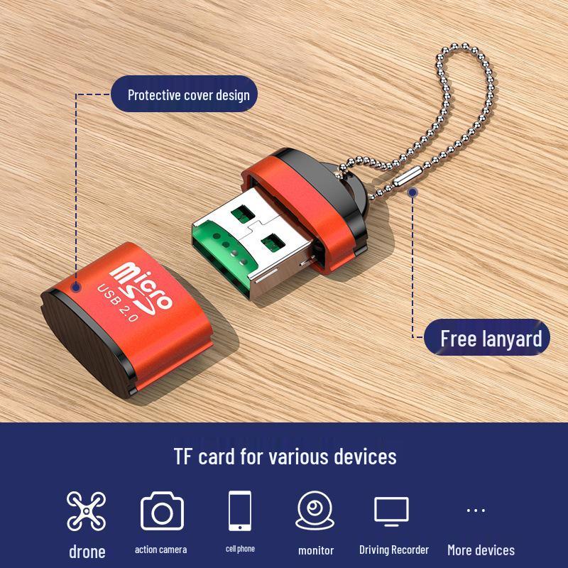 Мини-картридер USB2.0 для карт TF с алюминиевым корпусом и цепочкой - Универсальный для мобильных телефонов и компьютеров