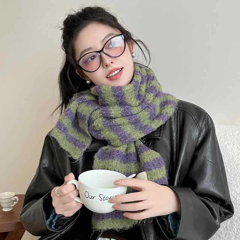 Seasonal Woolen Scarf Ladies Warm Wind Couple Vintage Contrast Stripe Knit Scarf Women