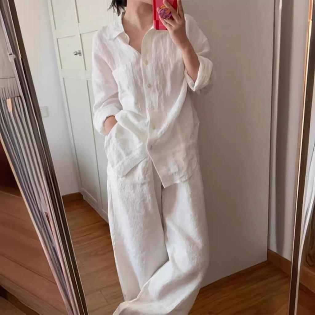 2024 Комплект из льняной рубашки с подсветкой и плиссированных брюк из хлопка и льна на завязках для женщин