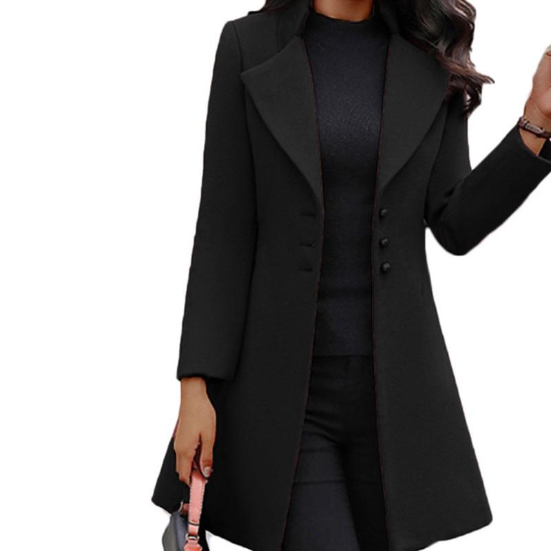 Осенне-зимнее тонкое однотонное женское шерстяное пальто средней длины с лацканами