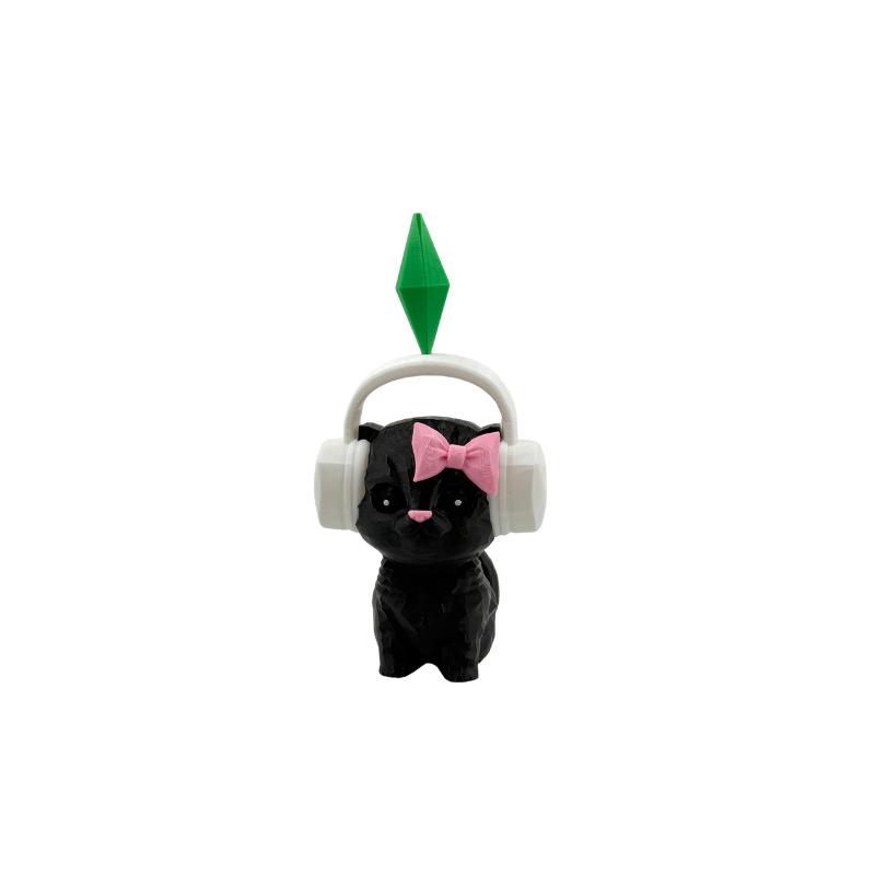 3D-печатная фигурка кота Sim-S с наушниками и декором Plumbob - Милая геометрическая статуэтка котенка, Декор для домашнего стола, Кавайные акценты, Подарок