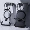 For iPhone 16 15 14 13 Pro Max Case Metal Magsafe Frame Four Corner Airbags Transparent Leather Finger Ring Phone Holder Cover