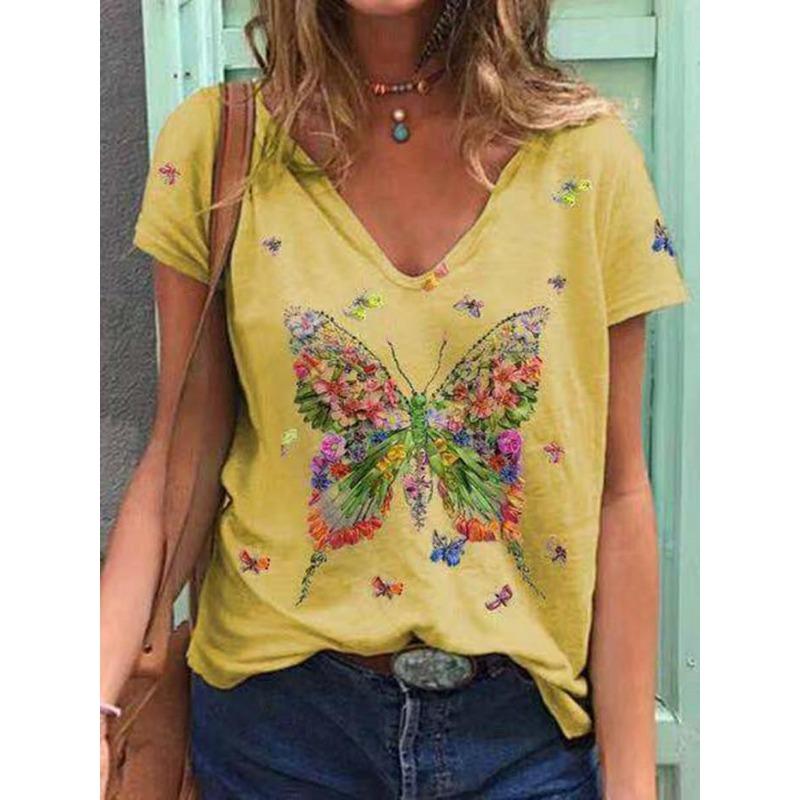 V-neck Short Sleeved Top with Sexy 3D Animal Butterfly Dragonfly Print Women's T-shirts
