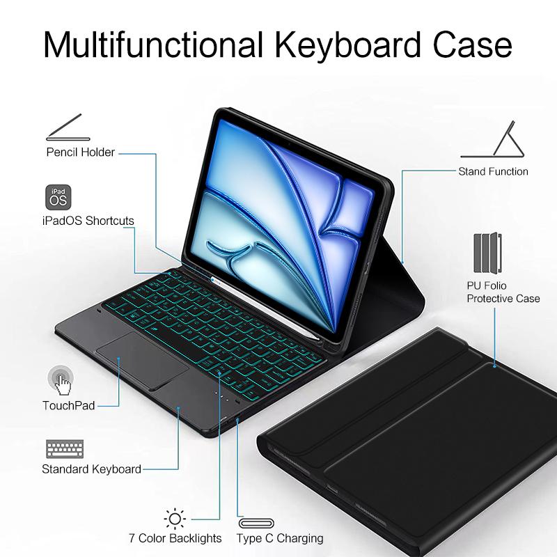 Keyboard Case For iPad Pro 11 1st 2nd 3rd 4th Air 4th 5th Air 11 Inch M2 M3 Touchpad Backlight Smart Cover With Pencil Holder