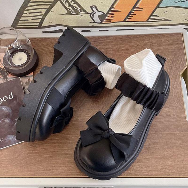 Thick Bottom Bow Mary Jane Shoes Women Spring Casual Round Head Lolita Lovely Shallow Mouth Single Shoes Black Platfotm Lofers