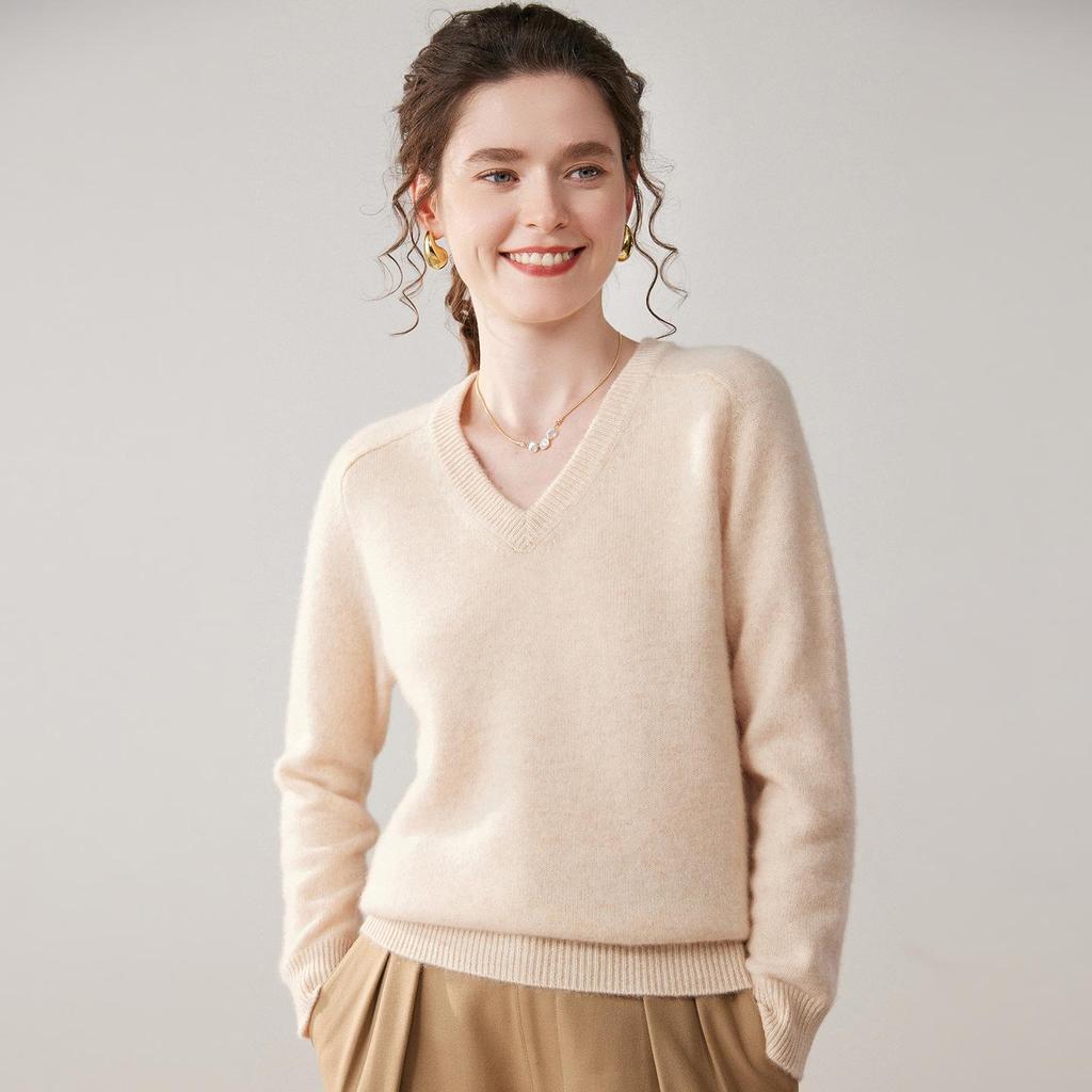 Women's V-Neck Loose Knit Cashmere Sweater - Autumn/Winter Style, Thick Long Sleeve, Slimming and Fashionable