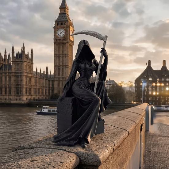 Grim Reaper Figurine with Scythe 3D Printed Mysterious Female Grim Reaper Statue Gothic Spooky Sculpture for Bookshelf Desk