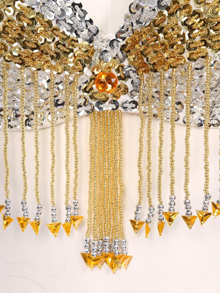 Womens Sparkly Sequins Belly Dance Top Adjustable Straps Plastic Beaded Tassels Underwired Bra