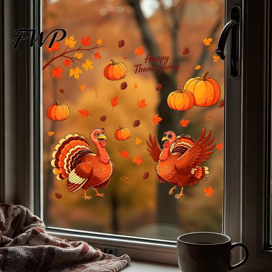 Thanksgiving Creative Gifts Static Window Clings, Cartoon Double Turkey Pumpkin Maple Leaf No?Glue Waterproof PVC Film Glass Decals, Stickers