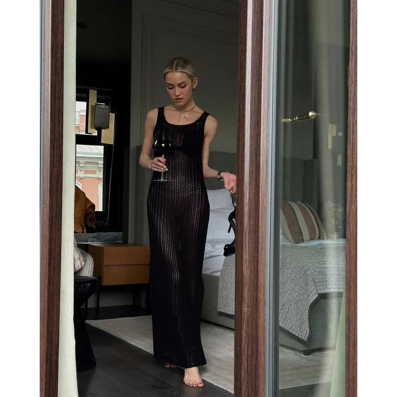 European and American Summer Solid Split Sexy Knitted Cut-out Dress Sexy Knitted Hollow Dress