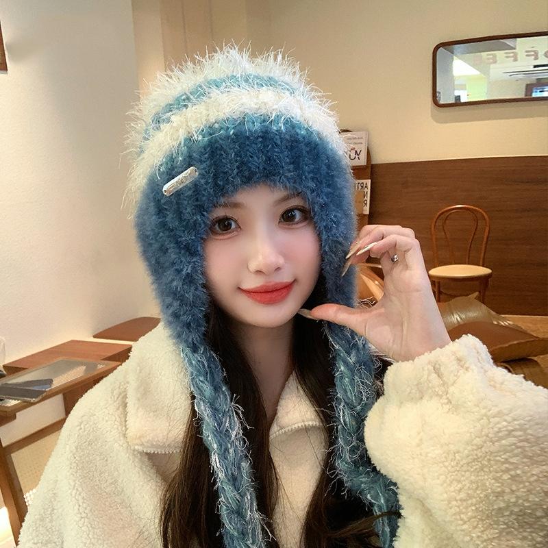 Женская осенне-зимняя теплая утолщенная защитная шапка с холодным мехом и бархатом, двойная тесьма, вязаная шапка, милая разноцветная шапка