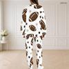 Women Plus Size White Printed Round Neck Long Sleeve Top With Pockets Long Pants Two Piece Set