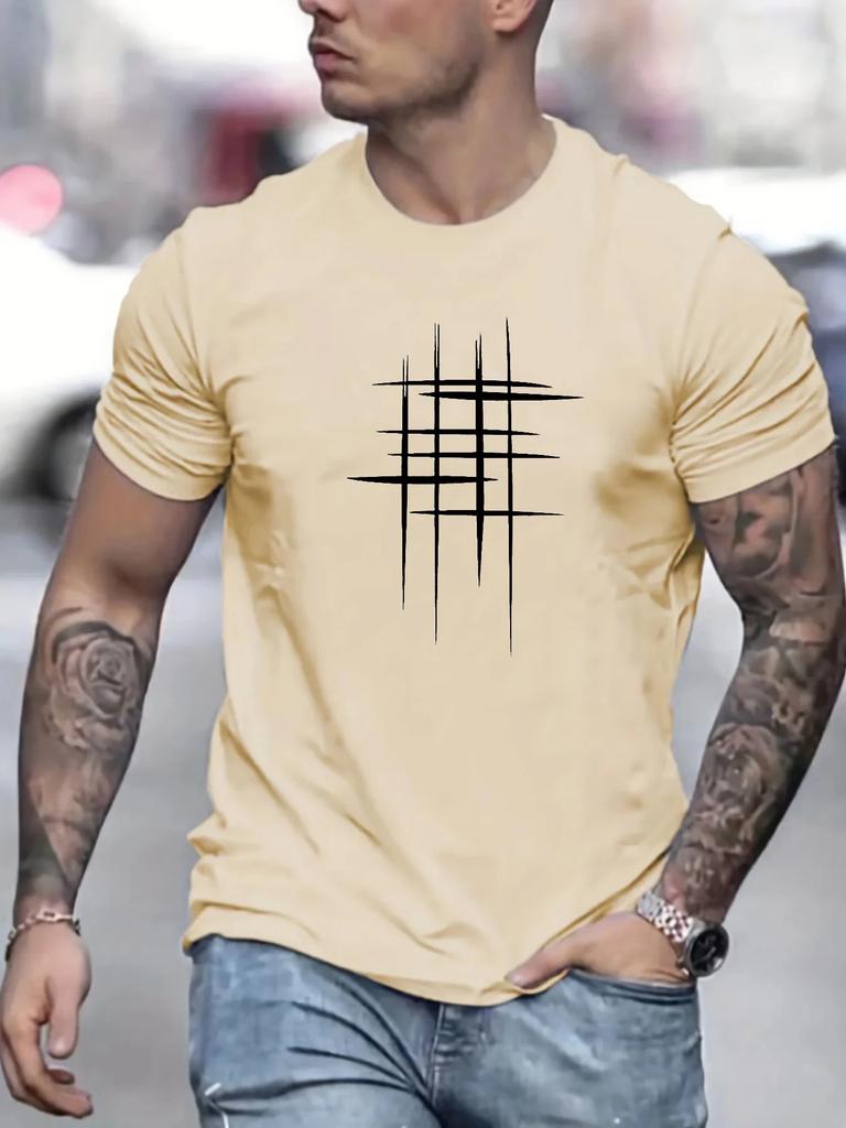 Summer Men's 100% Polyester Casual Loose Size Graphic Line Printed Neck Short-sleeved T-shirt Top