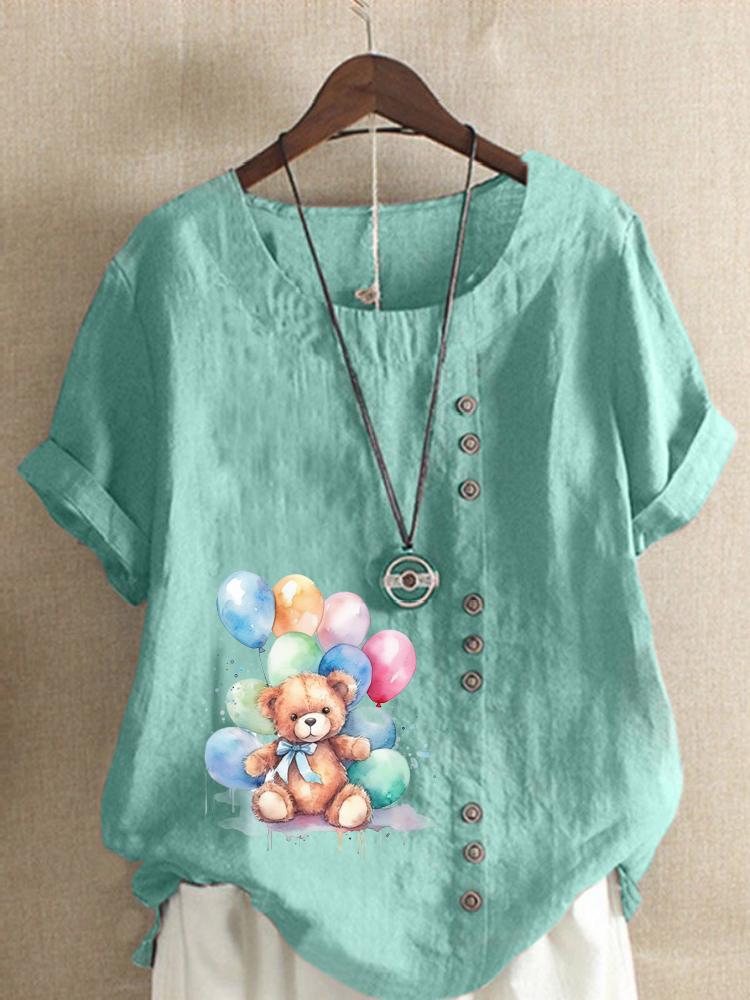 Women's Fashion Bear Print Round Neck Short Sleeve T-shirt Summer Casual Cotton Linen Graphic Shirt Leisure Loose Blouse Tops