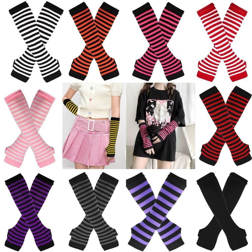 Полосатые унисекс перчатки с половиной пальцев длинные женские перчатки для девочек перчатки на руку теплые вязаные напульсники локтевые варежки теплая манжета