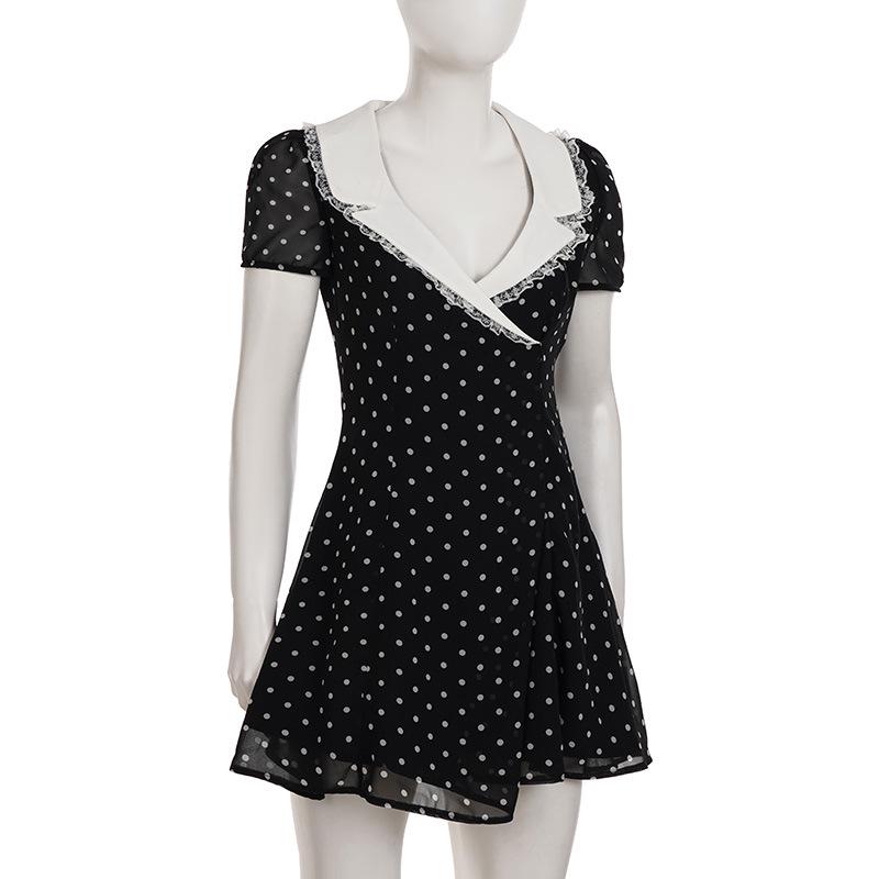 Платье А-силуэта с V-образным вырезом в горошек в стиле Хепберн с кружевом: Тонкая, Элегантная Короткая Юбка