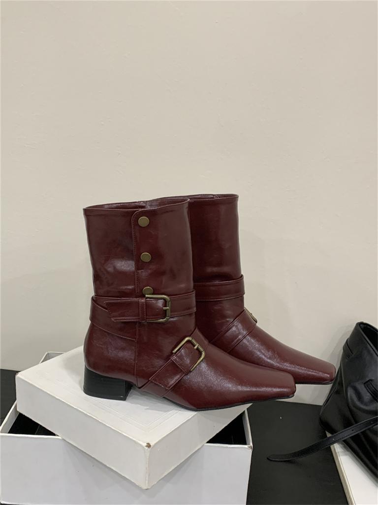 Ретро ботильоны на толстом каблуке с квадратным носком в стиле вестерн ковбойские женские на среднем каблуке 2025 осень новые с пряжкой женские ботинки