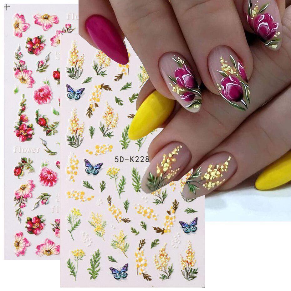 5D акварельные цветочные наклейки для ногтей с голографическими акцентами в виде листьев в фиолетовом и белом цветах