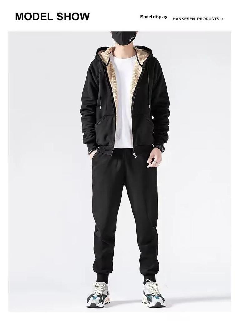 Chaolun Men's Lambskin Sports Suit: Autumn/Winter Velvet Thickened Hoodie & Sweatpants for Outdoor Leisure