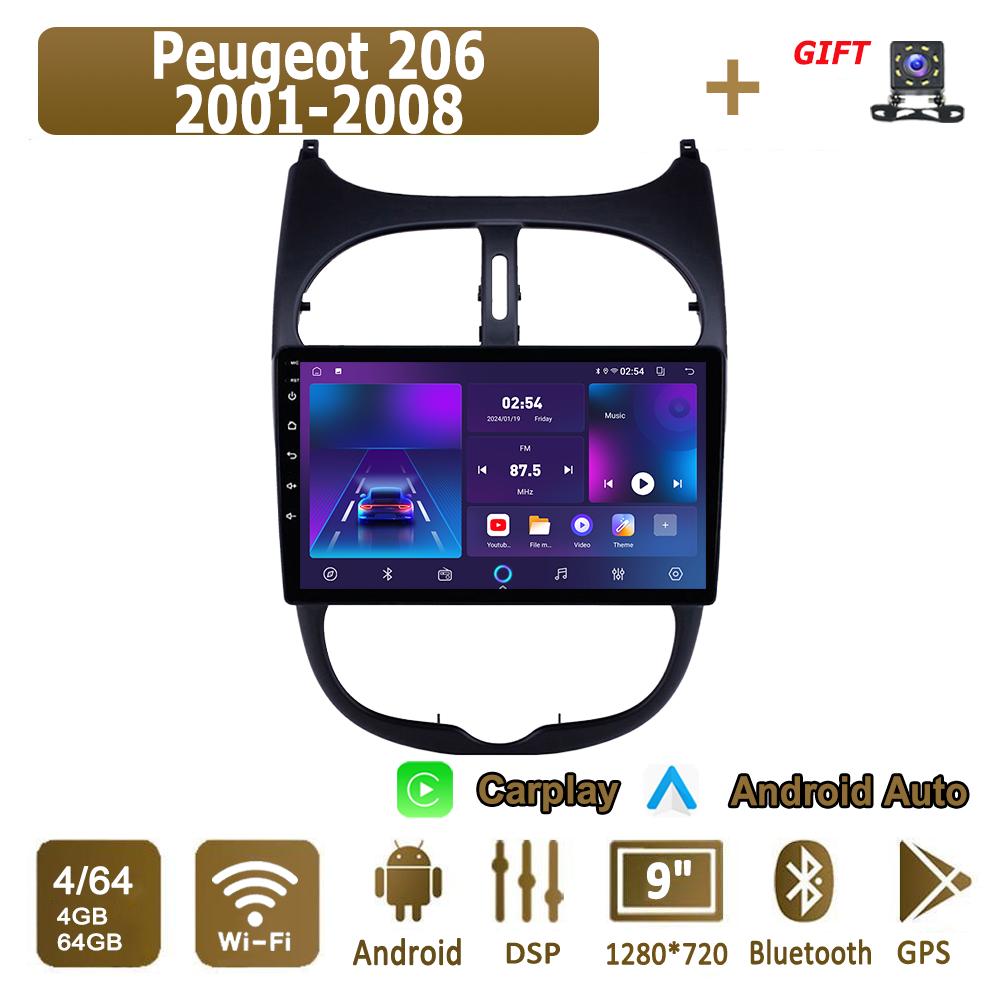 Android Carplay автомобильное радио для Peugeot 206 2001-2008 мультимедийный проигрыватель головное устройство стерео GPS навигация BT WIFI 4+64 ГБ