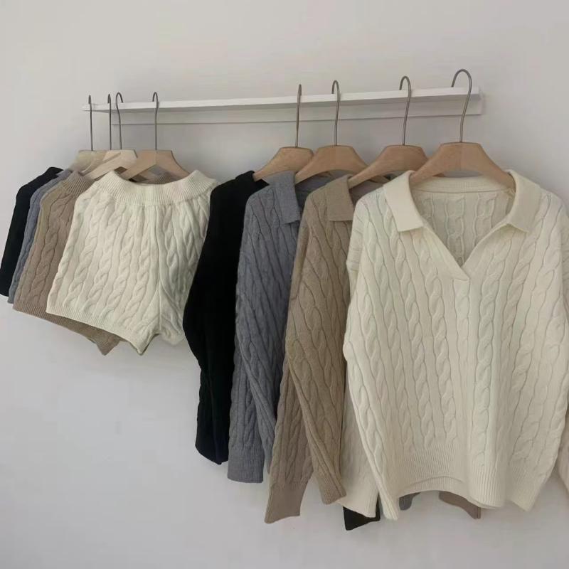 Зимний повседневный свободный спортивный костюм, свободный свитер, длинный рукав, трикотажный свитер, костюм с высокой талией, шорты, комплект из двух предметов, женская одежда