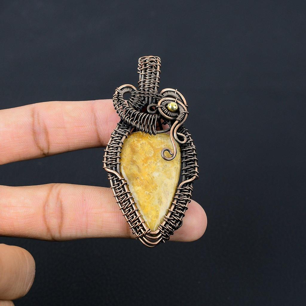 Fossil Coral Gemstone Pure Copper Wire Wrapped Handmade Pendant Jewelry For Gift