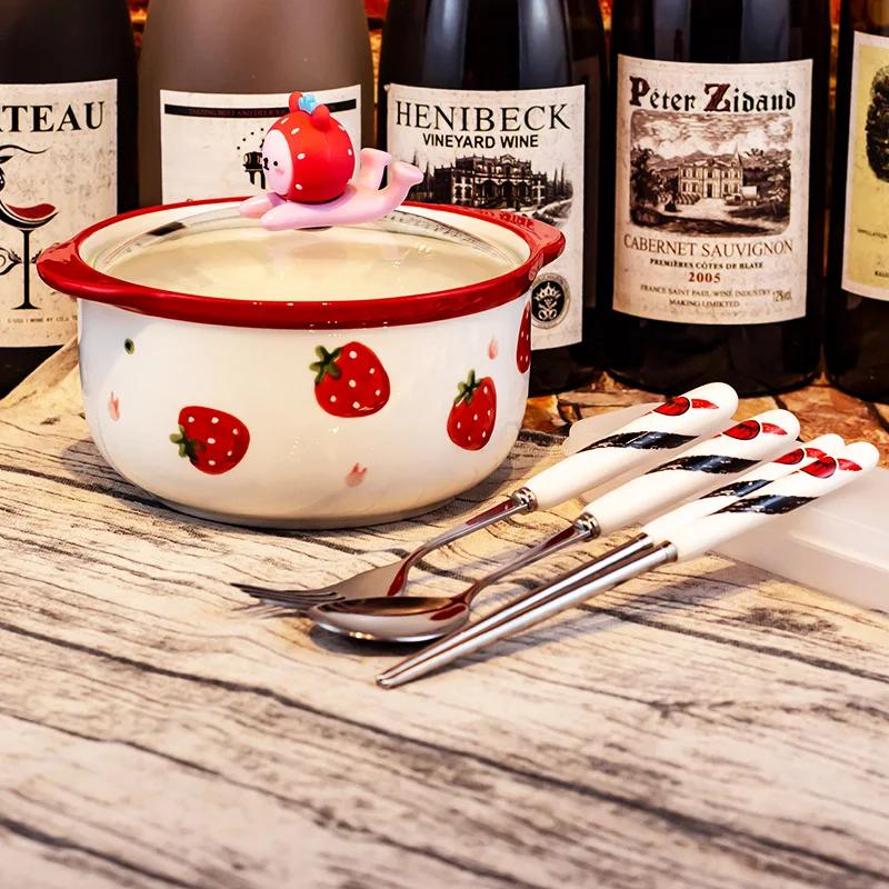 Кавайная керамическая миска для рамэна с клубникой, персиком и крышкой, милая кухонная большая лапша быстрого приготовления, фруктовый салат, рисовый суп, миска, посуда