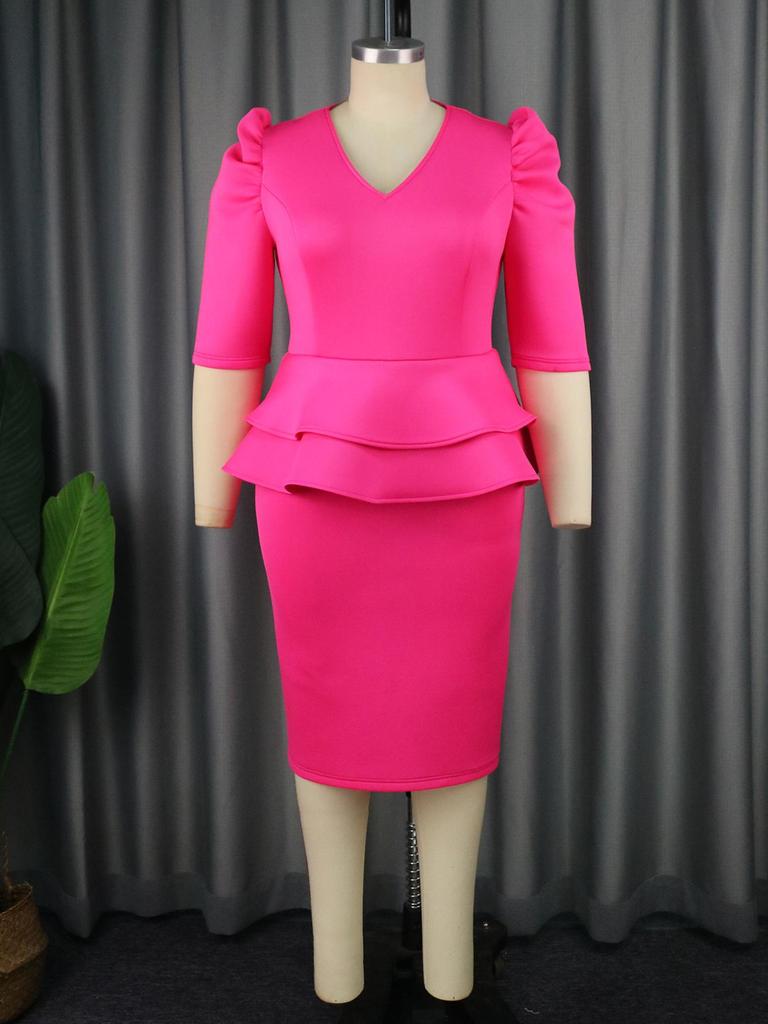 ONTINVA Fuchsia Dresses for Ladies V Neck Puff Half Sleeve Empire Peplum Ruffles Midi Office Work Evening Party Outfits 3XL 4XL
