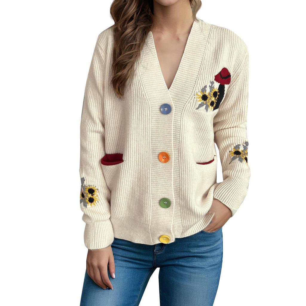 Цветочная вышивка вязаный свитер V-образный вырез контрастного цвета женский свитер повседневное универсальное пальто