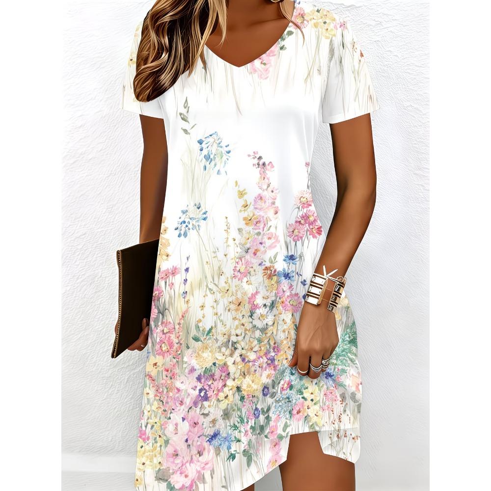Summer Women's V-neck Short-sleeved Dress Elegant Floral Print Loose Casual Dress