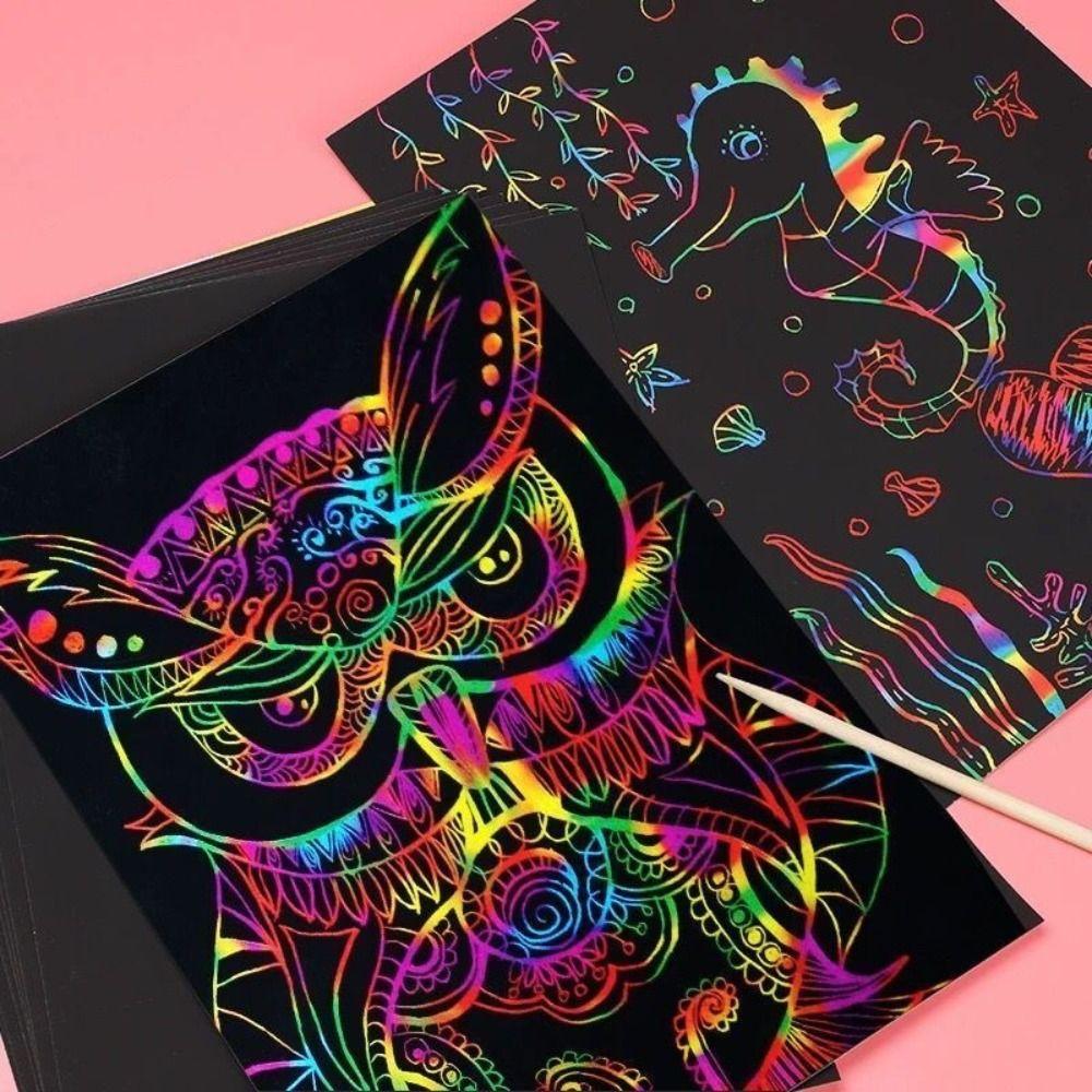 10PCS Rainbow Scratch Painting Toys DIY Night Scene Art Drawing Paper Scratch-off Paper Children