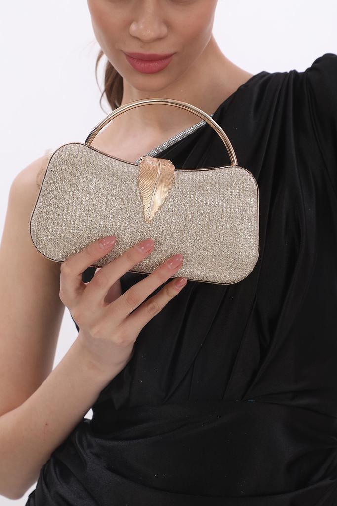 Women's Stylish and Useful Evening Dress Bag Gold Color Bream Material Leaf Accessory Hand and Strap Evening Dress Portfolio Clutch Evening Bag