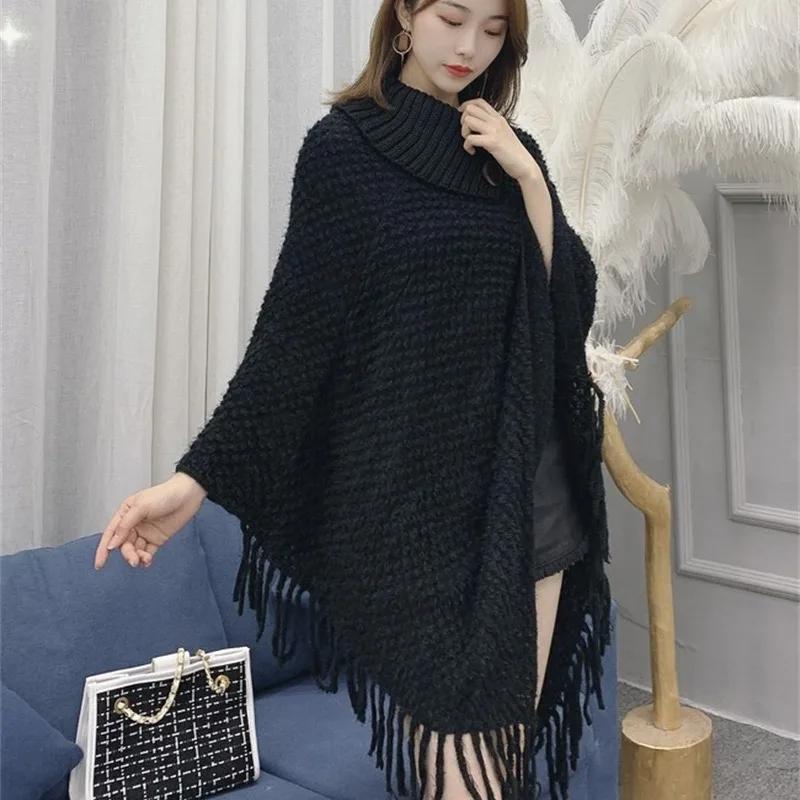 Turtleneck Pullovers Tassel Knitwears Women Tops Casual Loose Knitted Sweater Women Korean Fashion Woman Cape Long Shawl Solid Winter Clothes 28271