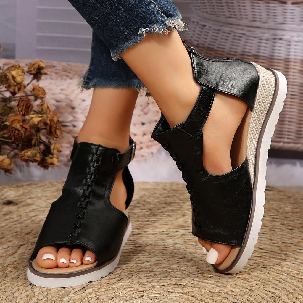 Foreign Trade Women's Shoes Rear Zipper Buckle Fish Mouth Wedge Heel Platform Sandals European and American Foreign Trade Hollow Buckle Open-toed Sand