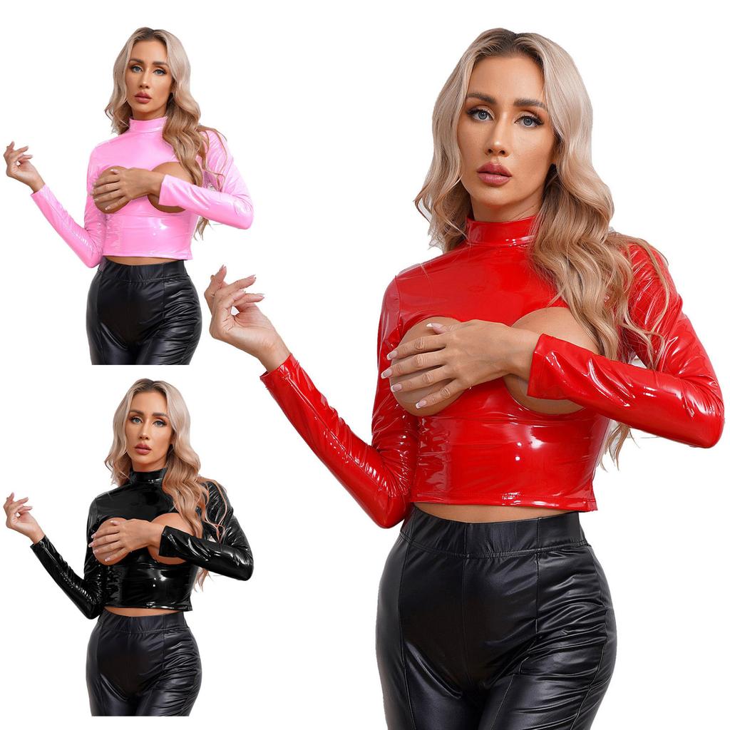 Women's Wetlook Patent Leather Mock Neck Long Sleeve Hollow Out Crop Tops Clubwear
