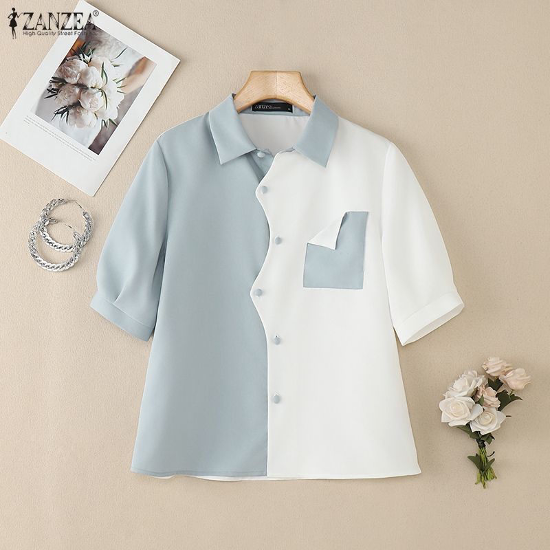 ZANZEA Женская летняя блузка с отложным воротником и рукавом три четверти, в стиле пэчворк