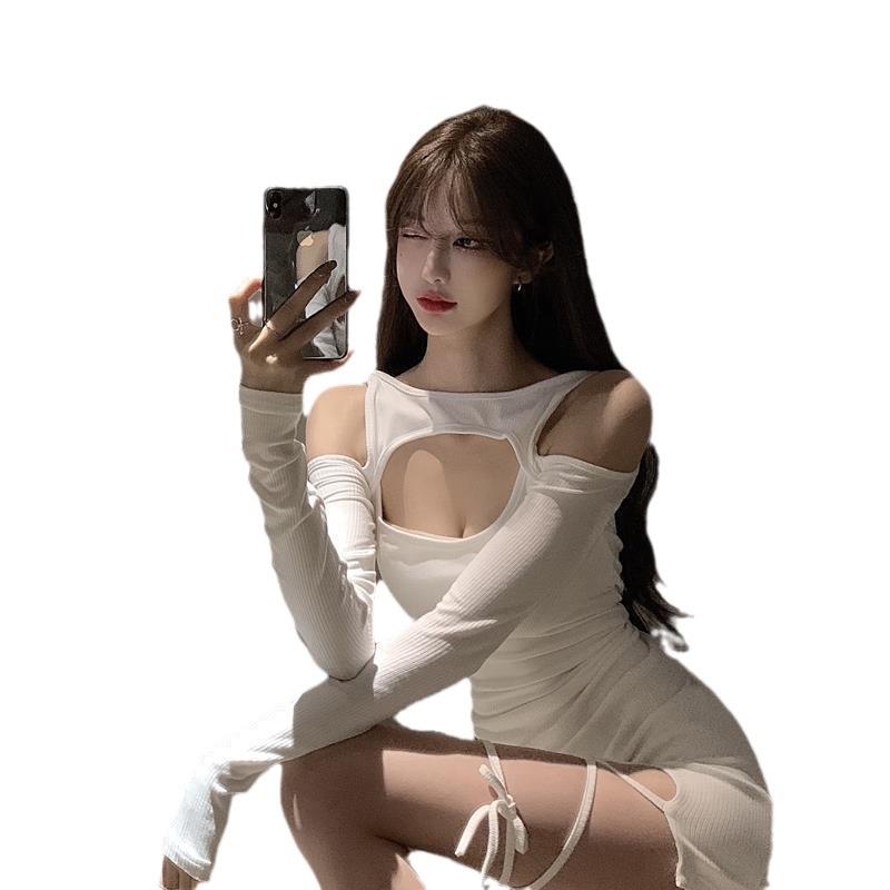 European & American Off-the-Shoulder Slimming Hollow-Out Dress