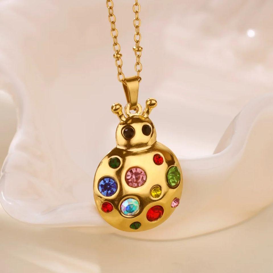 Zircon Ladybug Necklaces For Women Geometric Pendant Stainless Steel Gold Color Rainbow Ladybug Necklace Jewelry Gift