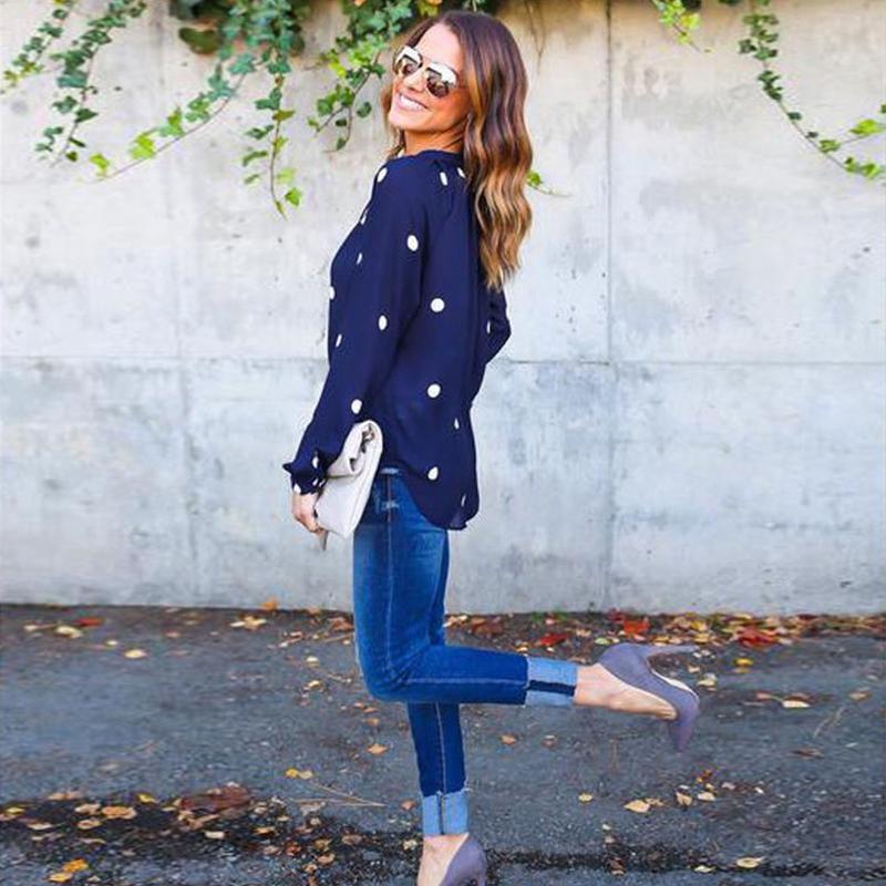 Premium Quality Woman O Neck Long Sleeve Casual Polka Dot Blue Blouse For Everyday Comfort