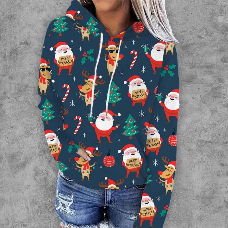 2026 Christmas Trend 3D Digital Print Hooded Sweatshirt Women Casual Streetwear Long Sleeve Pullover